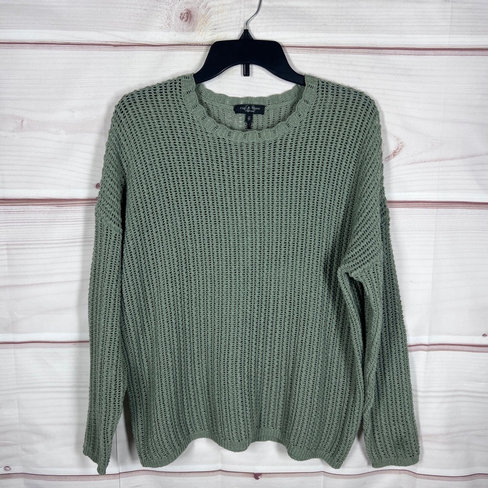 Rag & Bone Sweater Women XS Green Open Knit Pullover Cotton Blend Crew Neck